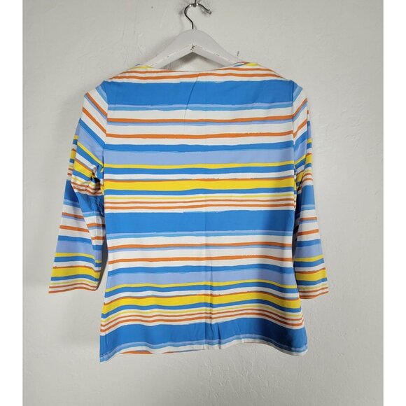 J.McLaughlin Womens Colorful Striped Boat Neck 3/4 Sleeve Top Medium Stretch - Picture 2 of 8